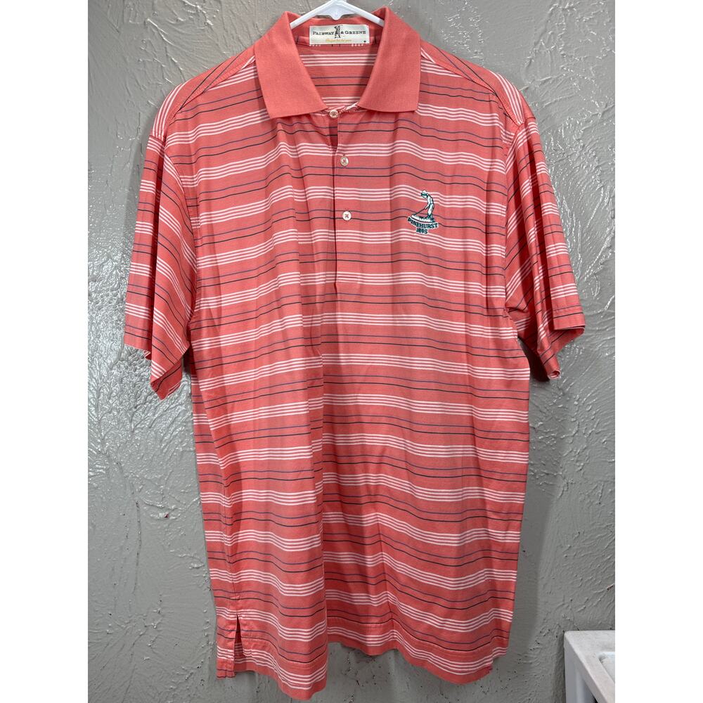 Fairway & Greene Salmon Striped‎ Polo Golf Pinehurst Logo 1895 Size Medium